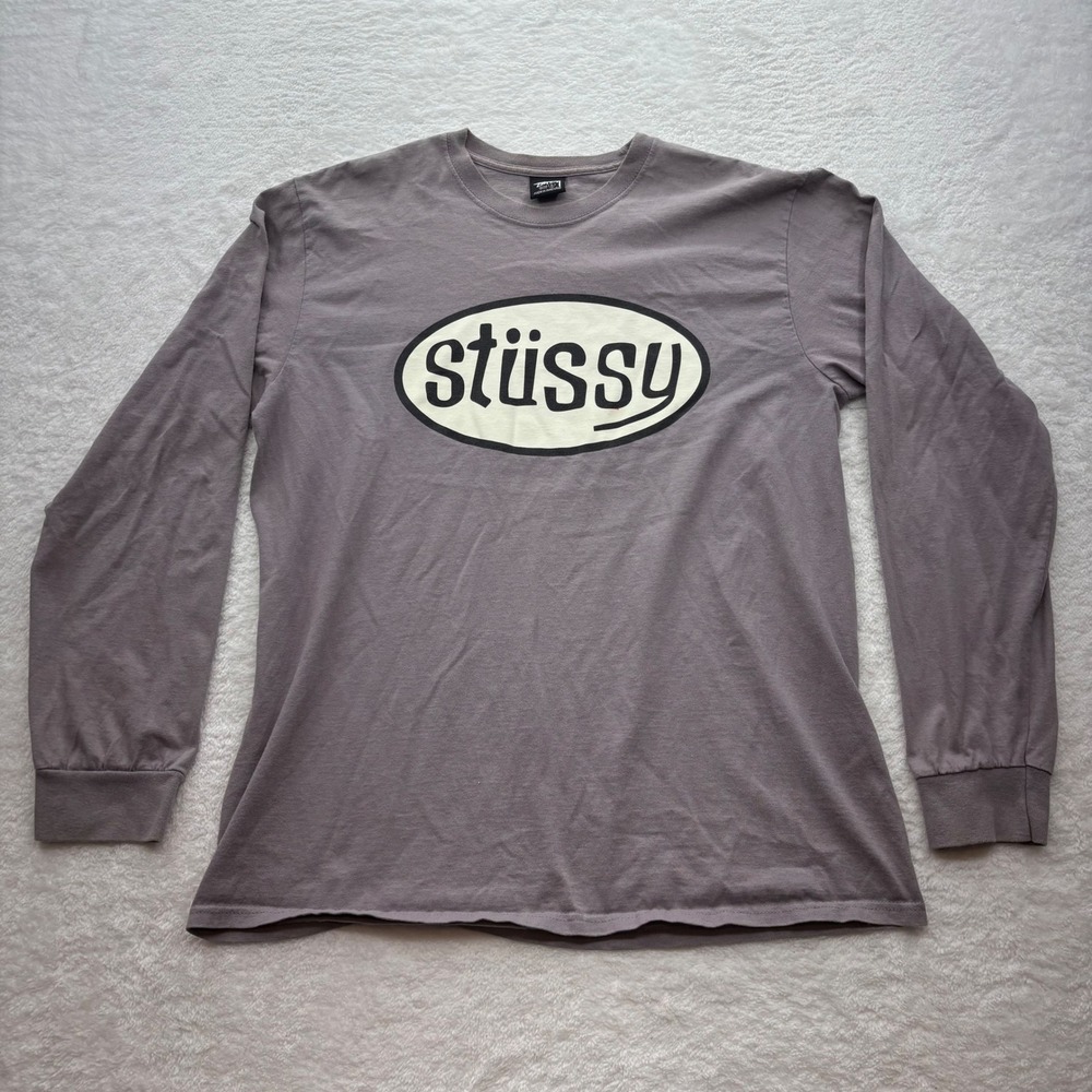 Stussy Oval Logo Long Sleeve T-Shirt Mauve Purple Grey Mens Large Streetwear